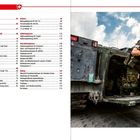Inhalt: Auflistung von Panzertypen und Artillerie mit Seitenzahlen. Rechts: Soldat steigt bewaffnet aus einem gepanzerten Fahrzeug.
