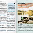 Texte auf den Seiten: Knatter, Lieblingsort, Kreuzungspunkt Wusterhausen, Schlafen und Essen, Reif für die Insel? Foto: See, Boot, Liegestuhl, Sonnenschirm.