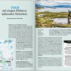 Seite 54: "Tour: Auf eisigen Pfaden zu kalbenden Gletschern" - Wanderungen ab Narsarsuaq. Bild zeigt Landschaft mit Wanderer.