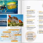 Text: "3 Touren auf Sizilien", "43", "Schon mal eine Spiegeleiqualle gesehen?", "113", "Salzfelder", "98", "Tempel von Segesta".

Mehrere Fotos: Taucher mit Qualle, Salzfelder, griechischer Tempel.

Es gibt eine Karte und eine Liste mit Touren.