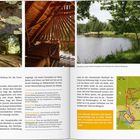 Text: "Fazit: Zwischen Badeteich und Walderlebnispfad gibt es jede Menge seltener Wasserflugenskektionen und natürlich auch ein Eis vom Kiosk."

Beschreibung: Links oben Seerosen in einem Teich, darunter ein Schild mit "Holzweg". Rechts oben ein Holzgebäude, daneben ein ruhiger See in grüner Umgebung. Eine Karte zeigt Wege um Grillenburg.