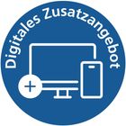 „Digitales Zusatzangebot“ steht auf einem blauen Kreis. Ein Monitor, Smartphone und ein Plus-Symbol sind darin abgebildet.