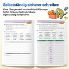 „Selbstständig sicherer schreiben“ – Übungen, um Kindern bei der Rechtschreibung zu helfen. Zwei Buchseiten mit Aufgaben.