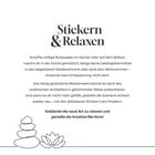 Text: "Stickern & Relaxen. Entdecke die neue Art zu relaxen und genieße die kreative Me-time!" Unten links sind Zen-Steine und ein Blatt.