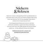 "Stickern & Relaxen" in großer Schrift. Darunter ein Text über kreative Entspannung und Entdecken neuer Relax-Methoden. Links Linienzeichnungen von Steinen und Blättern.