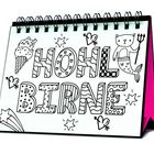 „HOHL BIRNE“ in gemusterten Buchstaben, umgeben von Illustrationen wie Herz, Kegel, Meerjungfrau und Sternschnuppe.