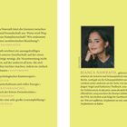 Links stehen mehrere Zitate verschiedener Quellen über ein Buch. Rechts ein Foto und Text über Bianca Nawrath.
