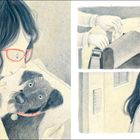 Links: Frau mit roter Brille hält Hund. Rechts oben: Hände packen Brotdose, ein Apfel und eine Zeitung liegen daneben. Unten: Frau mit Zeitung.