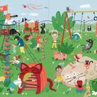 Text: "Miau", "Start", "Ziel". Eine bunte Illustration eines Spielplatzes mit Kindern und Tieren beim Spielen.