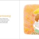 "Die Umarmung" steht links. Illustration: Kind umarmt Frau, beide lächeln. Hintergrund in warmen Farbtönen.