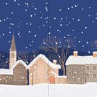 1. DEZEMBER. Eine winterliche Illustration mit schneebedeckten Häusern, Bäumen und einer Straßenlaterne unter einem Sternenhimmel.