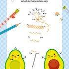 „Worüber freuen sich die beiden? Verbinde die Punkte der Reihe nach!“ zeigt ein Punkt-zu-Punkt-Rätsel. Fröhliche Avocados unten.