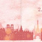 2. DEZEMBER; Silhouette einer Stadt mit bekannten Wahrzeichen vor einem rosa, schneegefüllten Himmel.