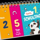 "Noch 2 Tage, bis es losgeht! Hurra, 1. Schultag." Ein Panda mit Stift, umgeben von Schulmotiven.