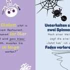 Links: Ein Skelett-Witz. Rechts: Zwei Spinnen und ein Faden-Witz. Illustrationen mit Skelett und Spinne.