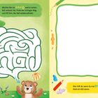 Links oben: "Bärchen Ben ist traurig, weil er seinen Ball verloren hat. Finde den richtigen Weg und hilf ihm, den Ball wiederzufinden." Unten rechts: "Was hilft dir, wenn du mal traurig bist? Male ein Bild davon." Links ist ein Labyrinth mit einem traurigen Bären, rechts ist Platz zum Malen.