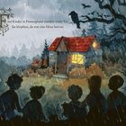 Fünf Kinder im Regen vor einem Waldhaus. Eine dunkle, gruselige Atmosphäre mit Vogel auf einem Baum.