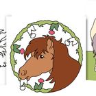 Illustration von drei Pferden in verschiedenen Posen und Farben, umgeben von Blumen und Gras.