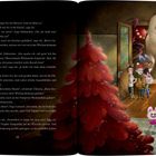 Seite 28 zeigt Text über Weihnachtsvorbereitungen. Rechts ist eine fröhliche Gruppe fantastischer Wesen vor einem roten Baum.