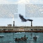 Text beschreibt die Wolga und Dampfschifffahrt. Illustration eines großen Dampfschiffs mit Schornsteinen im Wasser.