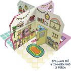Spielhaus mit 4 Zimmern und 2 Türen. Bunte Illustration eines Hauses mit Küchenmotiven, Pflanzen und verspielten Details.