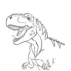 Illustration eines Dinosauriers, vermutlich ein T-Rex, mit offenem Maul und sichtbaren Zähnen.