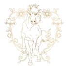Ein Pferd galoppiert nach vorne, umrahmt von floralen Ornamenten in geschwungenen Linien.