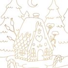 Illustration eines Lebkuchenhauses im Wald mit Mond, Tannenbäumen und Zuckerstangen.