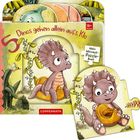 „5 Dinos gehen allein aufs Klo“ und „Mein Mitmach-Puzzle-Buch“. Ein Dinosaurier sitzt auf einer Toilette.