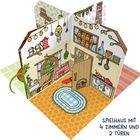 "SPIELHAUS MIT 4 ZIMMERN UND 2 TÜREN." Illustration eines dekorierten Spielhauses mit Möbeln und Accessoires.