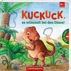 "KUCKUCK, es wimmelt bei den Dinos!" Ein fröhlicher Dinosaurier in einem lebhaften Urzeit-Dschungel mit Pflanzen.