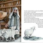 Ein Bauer im Stall spricht zu Tieren. Ein Ochse, Esel und Schafe sind zu sehen. Ein heller Stern leuchtet am Himmel.