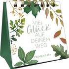 "Viel Glück auf deinem Weg", umgeben von bunten Blättern und Pflanzenzierden.