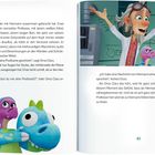 Linke Seite: Zwei Figuren, einer kräftig mit schwarzem T-Shirt und einer schlaksig mit rotem Shirt und grünem Hut. Rechte Seite: Rosa Dinosaurier mit fragendem Blick.