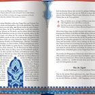 Eine Doppelseite aus einem Buch mit farbigen Verzierungen am Rand und unten. Text erzählt eine Geschichte. Seitenzahlen 56, 57.