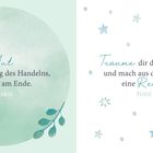 Links: „Mut steht am Anfang des Handelns, Glück am Ende.“ – Demokrit. Rechts: „Träume dir dein Leben schön und mach aus diesen Träumen eine Realität.“ – Marie Curie. Dezente botanische Illustrationen und Sterne.