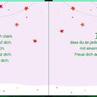 Zwei Gedichte in grünem Text auf rosa Hintergrund, umgeben von bunten Sternen und Blättern.