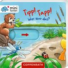 "Tipp! Tapp! Wer war das?", bunte Illustration mit Biber, Libelle, Marienkäfer und Wasserpflanzen entlang eines Flusses.
