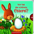 Text: "Wer hat das schönste Osterei?" Ein fröhlicher Hase mit buntem Hemd steht im Gras neben einem großen Ei.