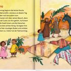 "Palmsonntag" und Text über Jesus’ Ankunft. Illustration von fröhlichen Menschen mit Palmzweigen, Jesus auf einem Esel.