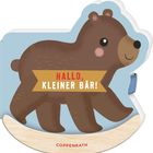 Text: "HALLO, KLEINER BÄR!". Illustration: Ein freundlicher, gezeichneter Bär auf blauem Hintergrund.