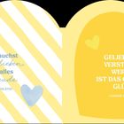 Links: Gelbe Streifen, blauer Text. Rechts: Gelber Hintergrund, weißer Text, zwei gelbe Herzen.