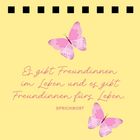 "Es gibt Freundinnen im Leben und es gibt Freundinnen fürs Leben. SPRICHWORT." Zwei rosa Schmetterlinge auf gelbem Hintergrund.