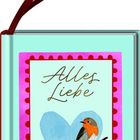 Text: „Alles Liebe“, „COPPENRATH“. Illustration: Rotkehlchen auf Ast vor einem blauen Herz. Rotes Band als Dekoration.