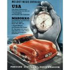"PORSCHE MELDET NEUE ERFOLGE. USA, MAROKKO." Stoppuhr in Hand, rotes Porsche-Rennwagenmodell, dynamische Darstellung.