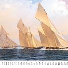 Kalender mit Segelboot-Gemälde: Drei Boote mit großen Segeln auf bewegtem Wasser, Himmel mit Wolken.