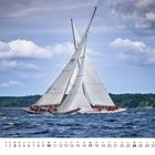 Kalendermonat Januar, ein elegantes Segelboot auf einem welligen Meer, im Hintergrund bewaldete Küste unter wolkigem Himmel.