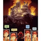 Mehrere Comicszenen mit Texten: „Die reinigenden Flammen werden den Dämon bezwingen.“ Große Explosion im Hintergrund.