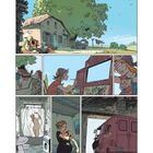 Eine Reihe von Illustrationen zeigt eine Frau, wie sie ein buntes Fahrzeug bemalt, duscht und schwanger eine schwarze Bluse anzieht.
