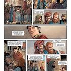 Comic mit Dialogen: Eine lebhafte mittelalterliche Straßenszene, Menschen diskutieren mit einem Reiter.